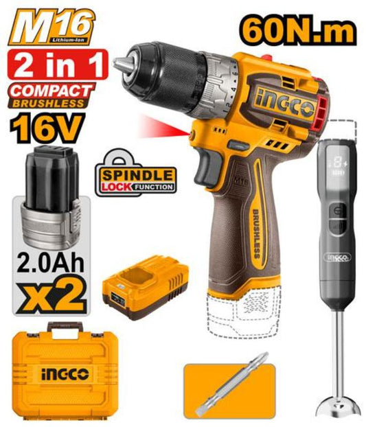 INGCO 16v Cordless Drill and Cordless  Hand Blender - CKLI1628