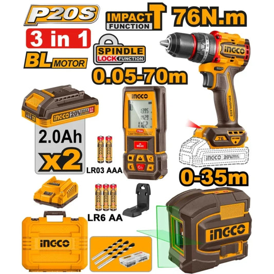 INGCO 3PC COMBO KIT, IMPACT DRILL + LASER DISTANCE MEASURE + SELF-LEVELLING LASER - COSLI250511