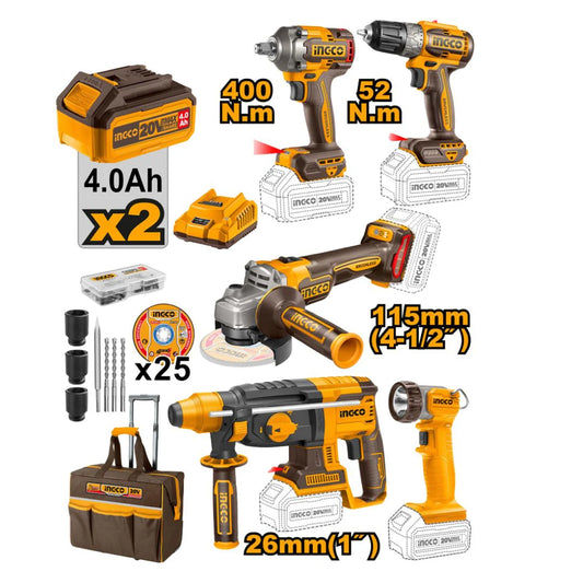 Ingco 5 Piece Starter Cordless Combo Kit in Rolling Bag - CKLI2058